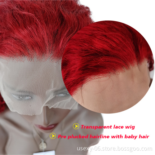 Pre plucked deep wave red lace front wigs for black women virgin brazilian hair transparent hd lace frontal red wigs human hair